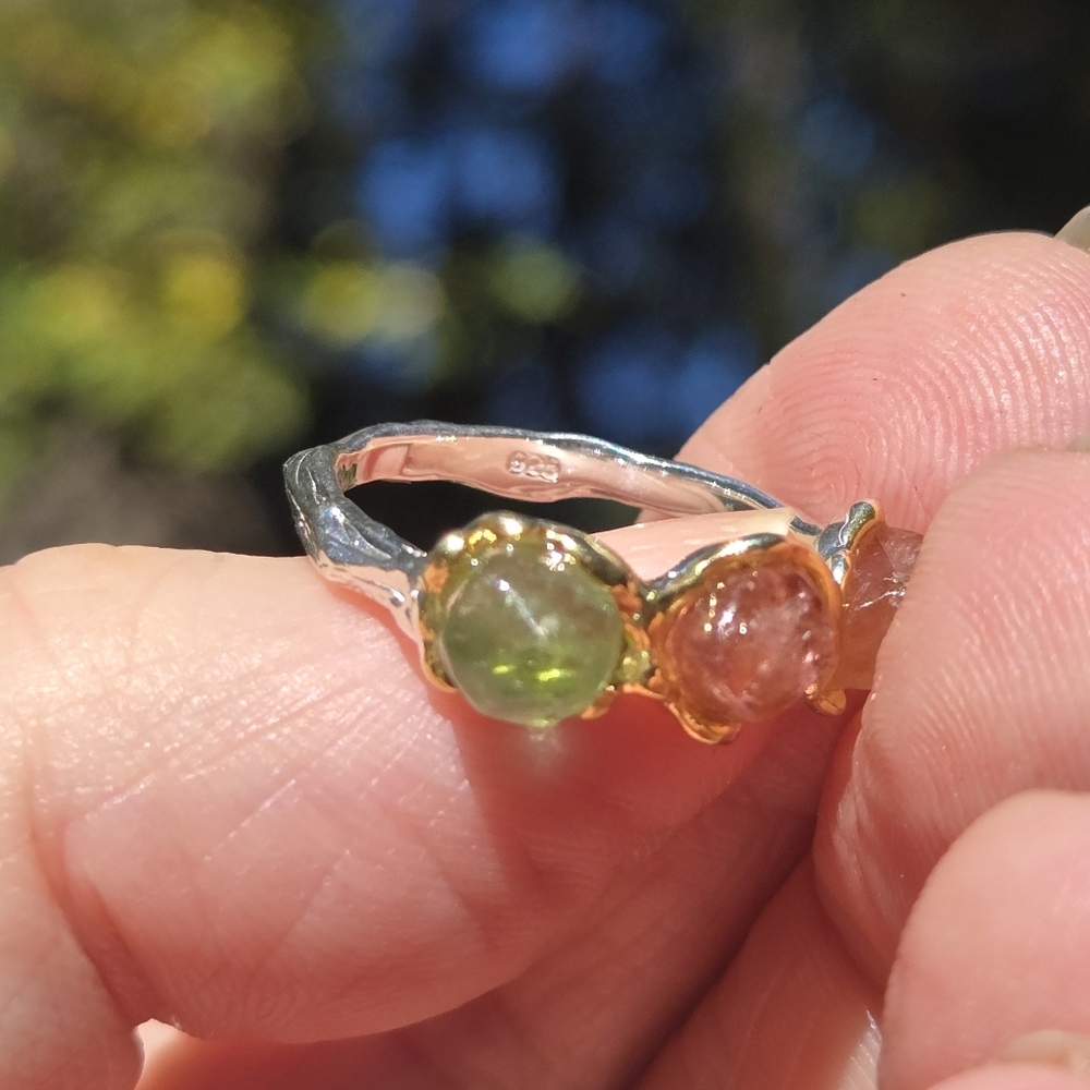 Tourmaline Natural Tri-color Gemstone Sterling & Gold Ring Sz7 - Picture 8 of 8